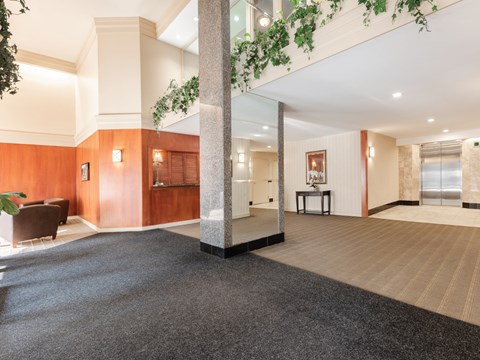 A large open space with a carpeted floor and wooden walls.