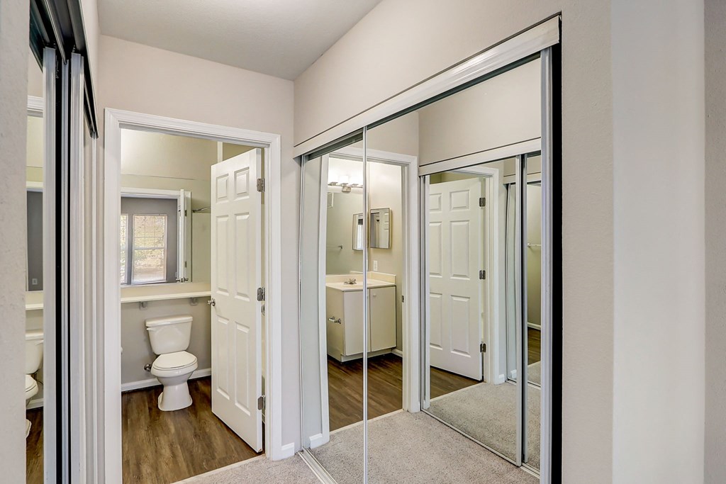 a reflection of a bathroom in a mirror in a closet