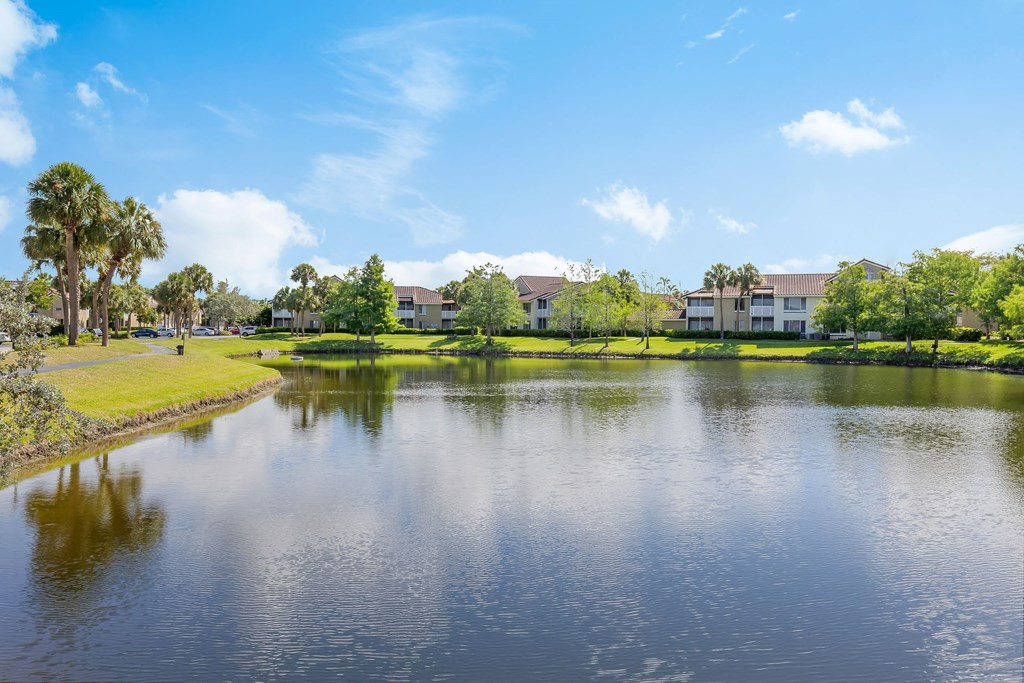 the view of a lake with apartments in the background