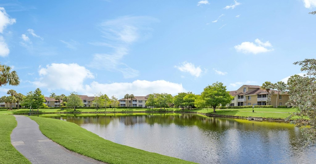 the view of a pond with apartment buildings overlooking it