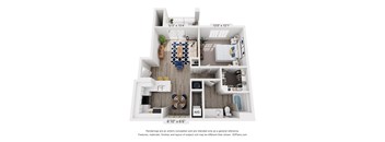 A 3D floor plan of a house with a kitchen, living room, and bathroom.