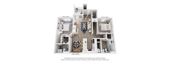 A 3D floor plan of a house with a kitchen, living room, and bathrooms.