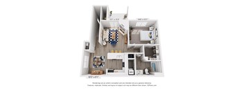 A 3D floor plan of a small apartment with a kitchen, living room, and bathroom.