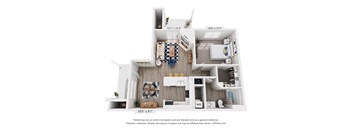 A 3D floor plan of a small apartment with a kitchen, living room, and bathroom.