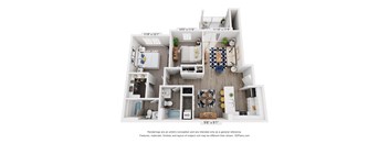 A 3D floor plan of a small apartment with a living room, kitchen, and bathroom.