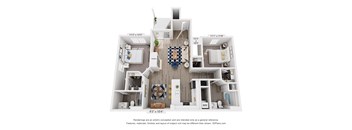 A 3D floor plan of a house with a living room, dining room, kitchen, and two bedrooms.
