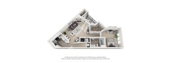 A 3D floor plan of a house with a living room, kitchen, and two bedrooms.