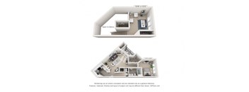 A diagram of a two-story apartment layout with a kitchen, living room, and bedrooms.