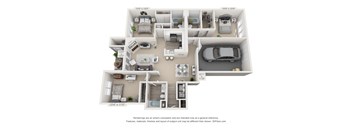 A 3D floor plan of a house with a garage and a car.