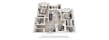 A 3D floor plan of a small apartment with a kitchen, living room, and two bedrooms.