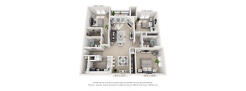 A 3D floor plan of a small apartment with a kitchen, living room, and two bedrooms.