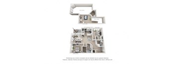 A 3D floor plan of an apartment with two bedrooms and two bathrooms.