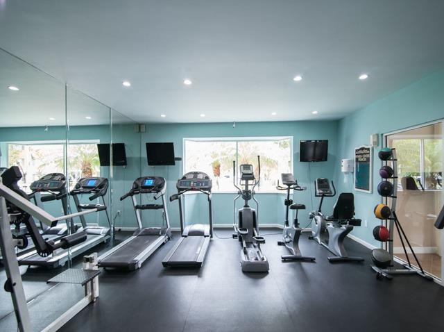 a gym with a lot of exercise equipment in it