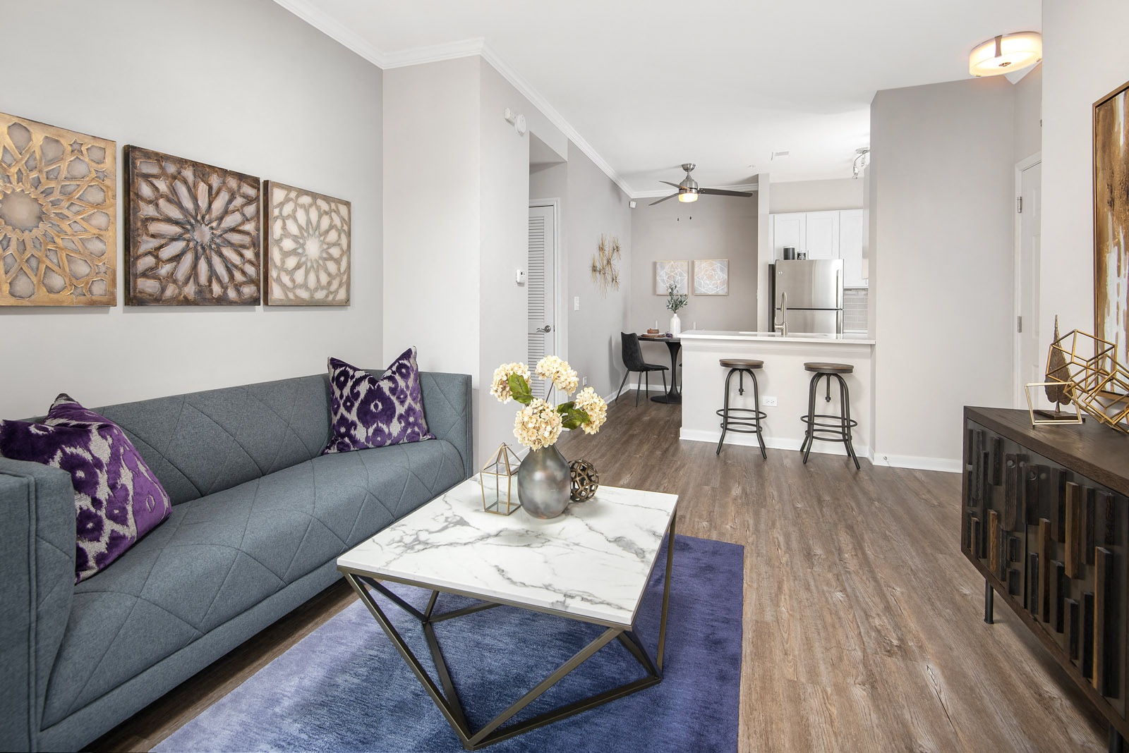 803 Corday at Naperville - Open Concept Living Area with Sofa and Coffee Table