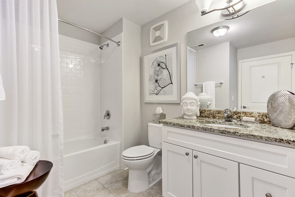 Vernon Hills, IL Luxury Apartments - The Oaks of Vernon Hills - Bathroom With A Large Vanity Mirror, Tile-Inspired Flooring, Granite Countertop, A Toilet, And A Shower With Tub
