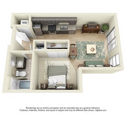a 1 bedroom floor plan with a bathroom and a living room