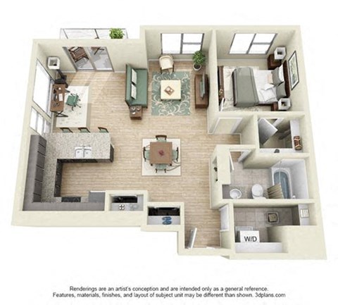 a 3d floor plan with a bedroom and a living room