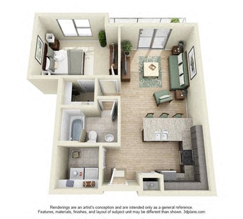 a 1 bedroom floor plan with a bathroom and a living room