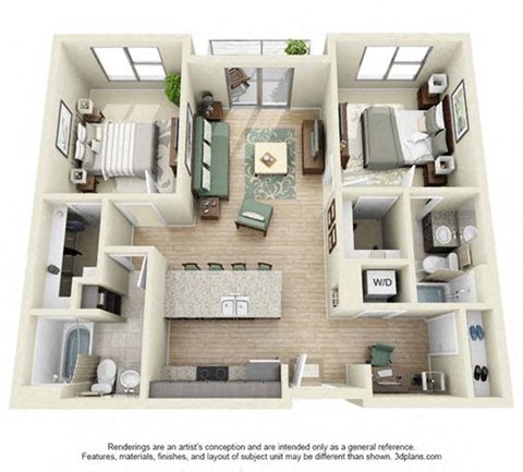a 3d rendering of a floor plan with a bedroom and a living room