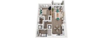 A top-down view of a modern apartment layout with labeled rooms.