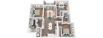 A top-down view of a small apartment layout with labeled rooms.