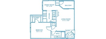 A floor plan of a small apartment with a living room, dining room, kitchen, bathroom, and bedroom.