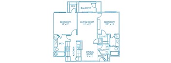 A blueprint of a house layout with a balcony, three bedrooms, a living room, a kitchen, a bathroom, and a dining room.