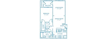 A floor plan of a small apartment with a living room, dining room, kitchen, bathroom, and two bedrooms.