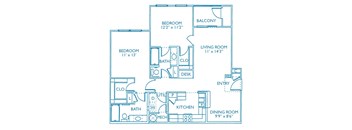 A blueprint of a house layout with labeled rooms and dimensions.