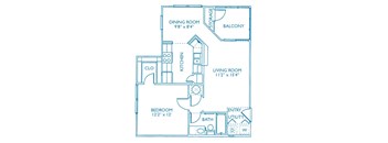 A floor plan of a small apartment with a living room, dining room, kitchen, and bathroom.