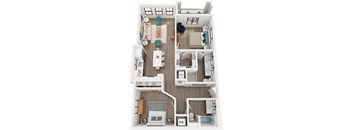 A floor plan of a two-bedroom apartment with a living room, kitchen, and bathroom.