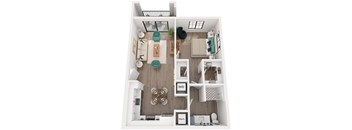 A top down view of a small apartment with a kitchen, living room, and bathroom.