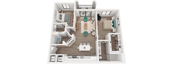 A 3D floor plan of a house with labeled rooms.