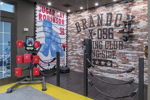 A room with a brick wall and a boxing ring.