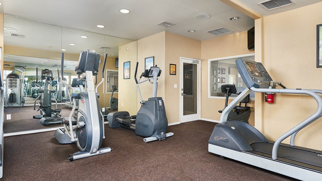 A gym with treadmills, elliptical machines, and other exercise equipment.