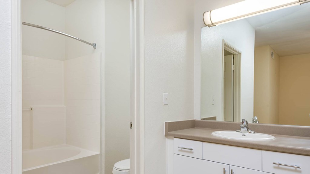 A bathroom with a sink, toilet, and a shower.