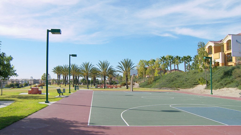 A basketball court is surrounded by palm trees and apartment buildings.