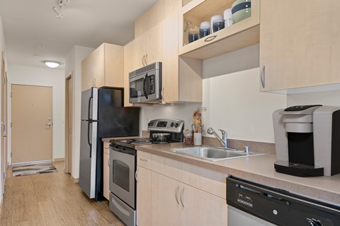 A kitchen with a black fridge, black oven, black microwave, black dishwasher and black coffee maker.