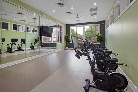 A gym with treadmills and exercise bikes.