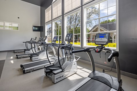 A gym with treadmills and a television.