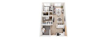 A top down view of a small apartment with a kitchen, living room, and bathroom.