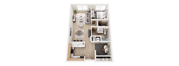 A top-down view of a small apartment with a kitchen, living room, and bathroom.