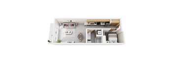 A top-down view of a small apartment layout with a kitchen, living room, and bathroom.