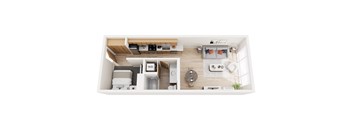 A top-down view of a small, neatly organized apartment.