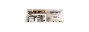 A top-down view of a small apartment with a kitchen, living room, and bathroom.