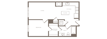 A floor plan of a small apartment with a kitchen, living room, bedroom, and bathroom.