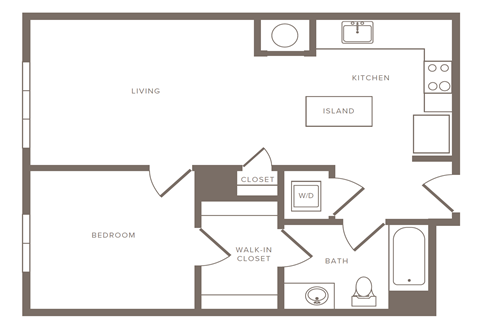 A floor plan of a small apartment with a kitchen, living room, bedroom, and bathroom.