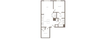 A floor plan of a home with a living room, bedroom, kitchen, bathroom, and closet.