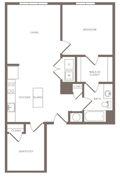 A floor plan of a home with a living room, bedroom, kitchen, bathroom, and closet.