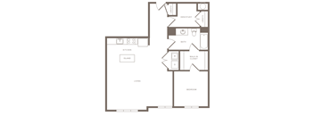 A floor plan of a house with a kitchen, living room, bedroom, bathroom, and two closets.